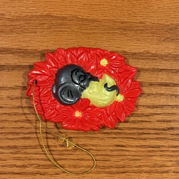 VINTAGE HANDMADE CERAMIC CHRISTMAS ORNAMENT, MOUSE SLEEPING ON POINSETTIAS - Picture 1 of 4